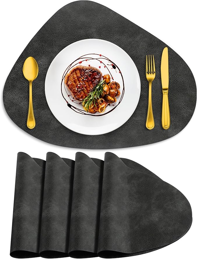ADRIMER Placemats, Heat Resistant Round Placemats Set of 4 Washable 13 x 17 Inch, Waterproof Table Mats Wipeable for Kitchen, Dining Room Table Christmas Decor, Dark Grey