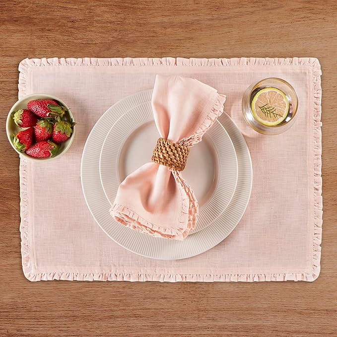 Solino Home Peach Cloud Linen Dinner Napkins 20 x 20 Inch - 100% Pure Linen Juliette Ruffle Cloth Napkins Set of 4 - Handcrafted and Machine Washable