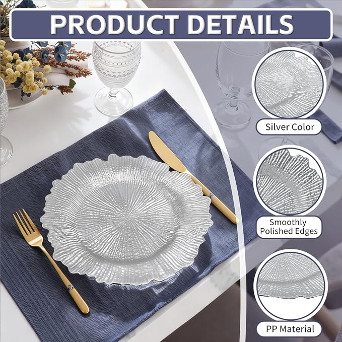 PROY 100 Pcs Silver Charger Plates Bulk, 13" Silver Reef Charger Plates for Wedding, Thanksgiving, Christmas, Plastic Chargers for Dinner Plates