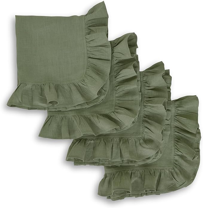 Solino Home Linen Ruffle Cloth Napkins Set of 4-100% Pure Linen Oil Green Dinner Napkins 20 x 20 Inch - Gabrielle Ruffle, Handcrafted and Machine Washable - Christmas, New Year
