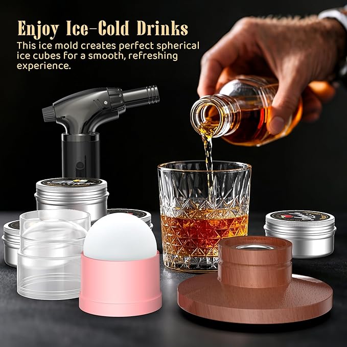 Deluxe Whiskey Smoker Kit with Torch - Includes 6 Natural Wood Chip Flavors, 2 Premium Glasses, & 2 Ice Molds - Cocktail Infuser for Old Fashioned & Bourbon for Men & Dads