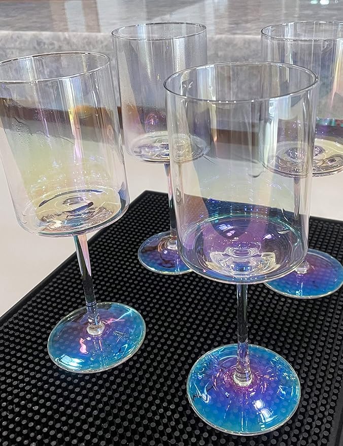 Iridescent Wine Glasses Set of 4-16oz Cylindrical All Purpose Wine Glass, Crystal Wine Glass Set in Gift Packaging, Great Gift for Wedding, Anniversary, Christmas, 9’’ Tall, Long Stem