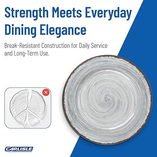 Carlisle FoodService Products Mingle Resuable Plastic Plate Dinner Plate with Pottery Style for Home and Restaurant, Melamine, 11 Inches, Smoke, (Pack of 12)