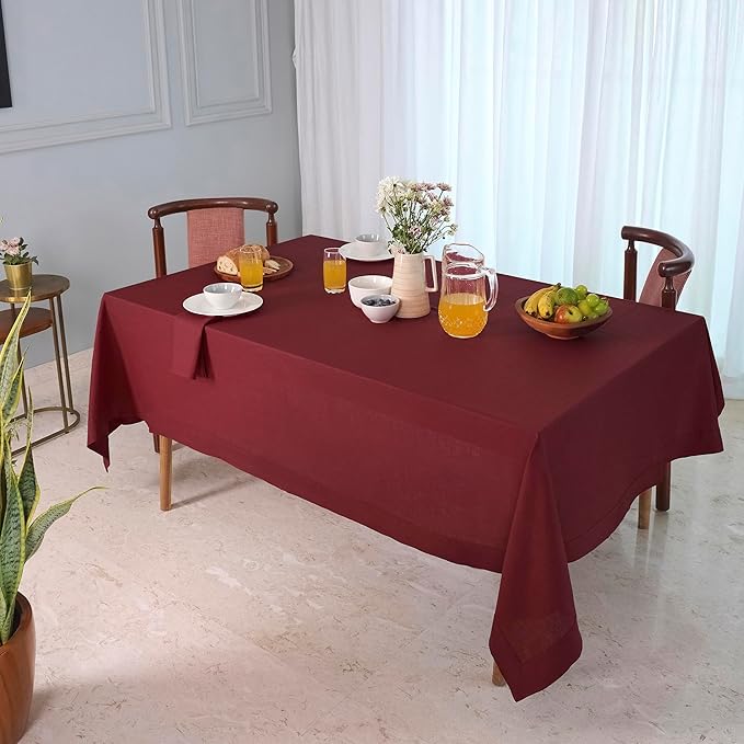 D'Moksha Homes Linen Tablecloth 60 x 90 Inch - 100% Pure Linen Dark Red Tablecloth for Rectangle Tables - Machine Washable Table Cloth for Winter, Christmas, Holiday, New Year