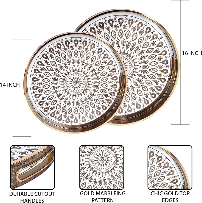 SINT Serving Tray with Antique Look & Stylish Design, Decorative Trays with Handles for Kitchen, Round Ottoman Tray for Dinning | Living Room & Home Décor | Pack of 2