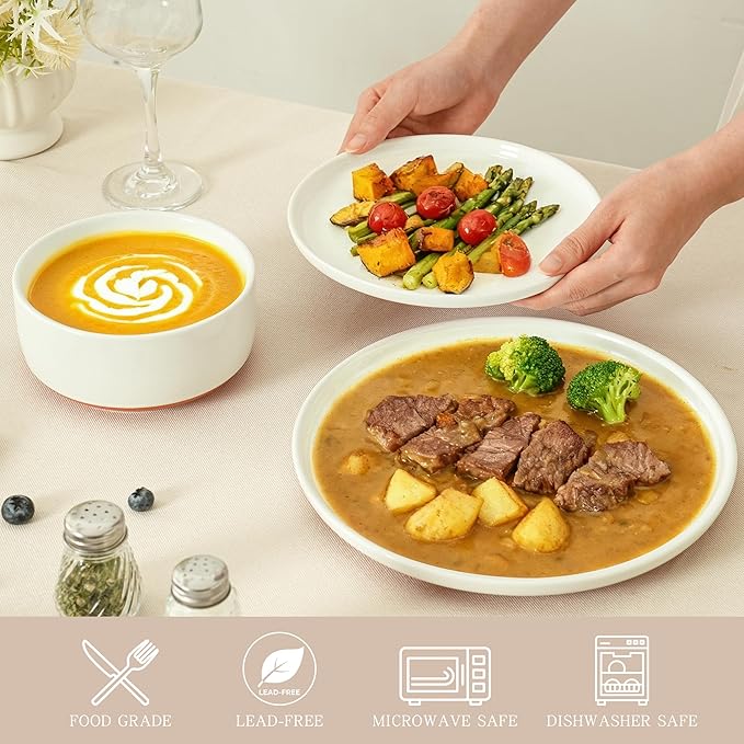 12 Piece Dinnerware Sets for 4, Dual Glaze Stoneware Plates and Bowls Set, Microwave and Dishwasher Safe, Stardust Glaze White