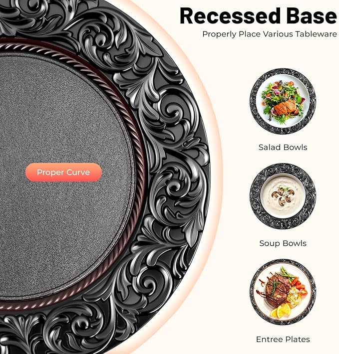 100 Pcs Antique Charger Plates Bulk Round Plastic Dinner Plate Embossed Rim Server Plate Decorative Chargers Floral Plates for Dinner Parties Wedding,13 Inch (100pcs-Black)
