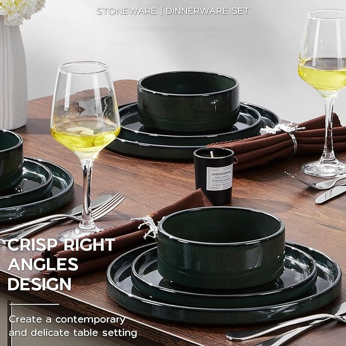 Onader Stoneware Dinnerware Sets for 4, Reactive Glaze Plates and Bowls Sets, Ceramic Dish Dinner Set with Rustic Terracotta Bottom, 12 Piece Elegant Dishware - Emerald Green