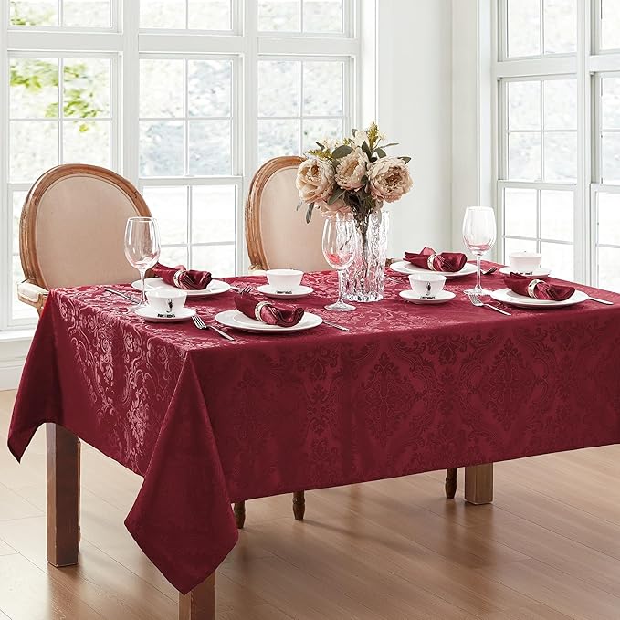 Elrene Home Fashions Caiden Elegance Damask Waterproof, Stain & Wrinkle Resistant Fabric Tablecloth, 52" x 52" Square, Cranberry