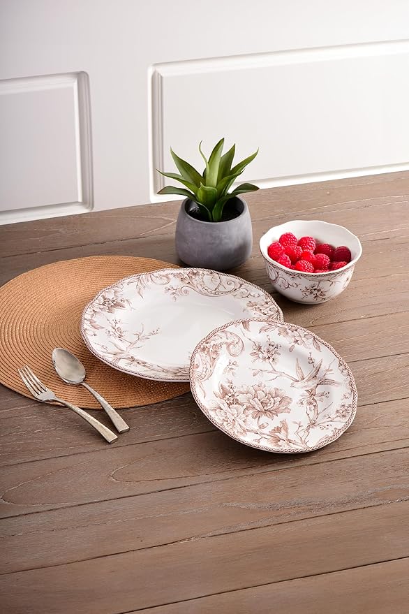 222 Fifth Adelaide Brown on White 12-Piece Dinnerware Set – Service for 4, Plate & Bowl Set,Durable Porcelain, Dishwasher Safe, for Everyday Dining & Entertainment