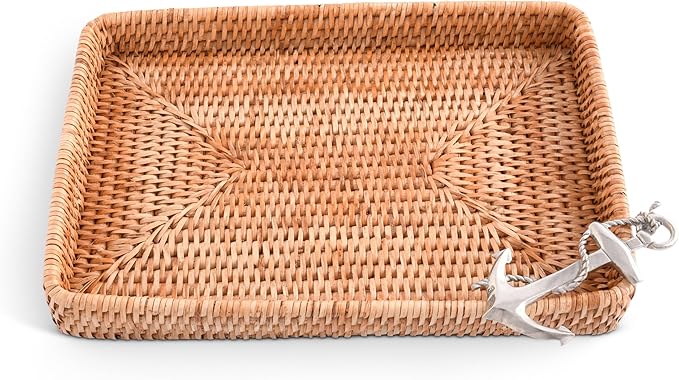 Vagabond House - Rattan Tray, Handmade Wicker Tray, Basket Tray, Coastal Nautical Design with Pewter Anchor, 12x9 Inches, Eco-Friendly, Hand Woven for Ocean Theme Home