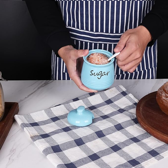 HAOTOP 12oz Sugar Bowl with Lid and Spoon,Ceramic Sugar Jar Sugar Dispenser Sugar Container Coffee Bar Accessories, Kitchen Countertop Canisters,Turquoise
