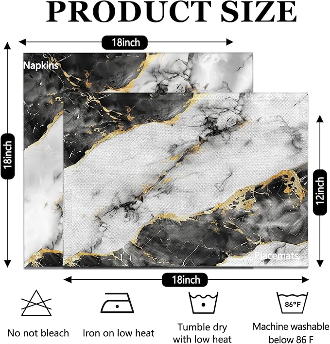 Mcalk 4 Each Black Marble Placemats and Cloth Napkins Set of 8, Modern Art Placemat, Marble Print Cloth Napkin for Home Kitchen Decor (Placemats 18 "x12 Napkins 18 "x18)