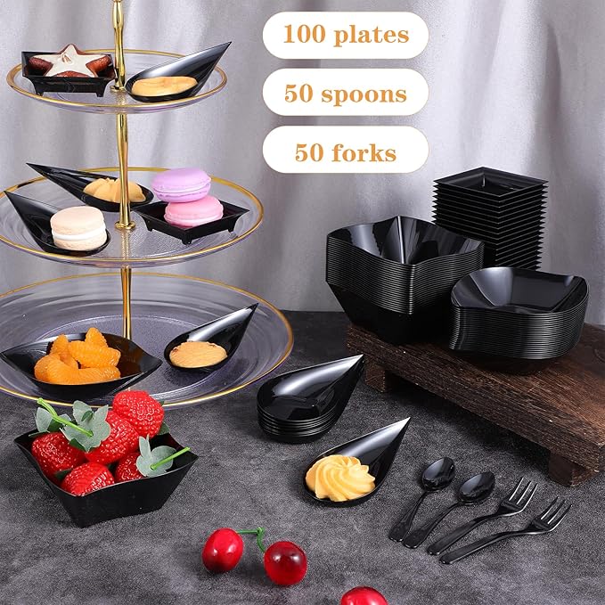 200 Pcs Mini Dessert Plates with Spoons and Forks Disposable Appetizer Plates Set Assorted Shape Dessert Bowls And Serving Trays Plastic Party Plate For Desserts Appetizer Tasting Wedding Events
