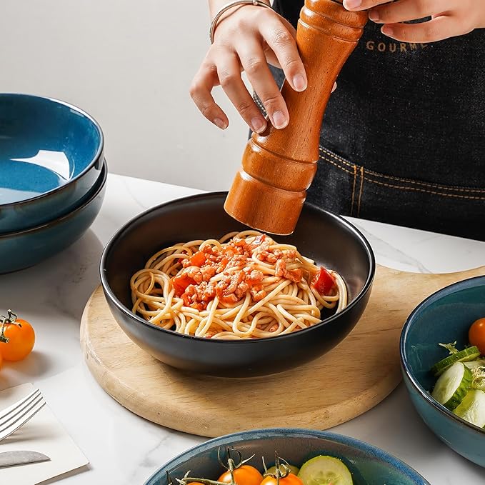 Selamica Ceramic Pasta Bowls 50 OZ, Large Salad Bowls, 8.6 Inch Ceramic Bowls Set for Soup, Cereal, Ramen, Stackable Serving Bowls, Microwave Dishwasher Safe, Matte Black