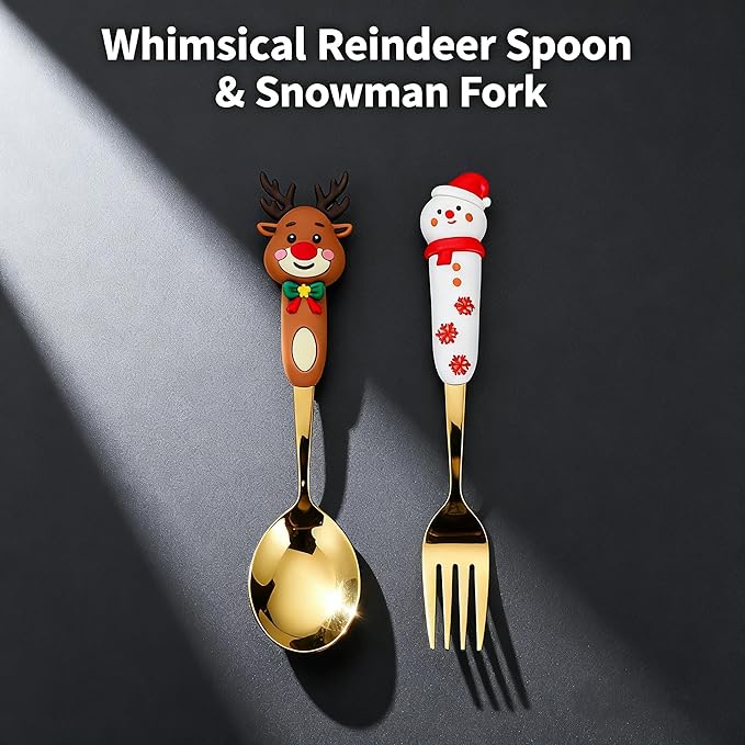 Christmas Cutlery Gift Set of 2 Pieces – Reindeer Spoon & Snowman Fork, Titanium Gold Stainless Steel with Greeting Card, Elegant Holiday Dining & Gift