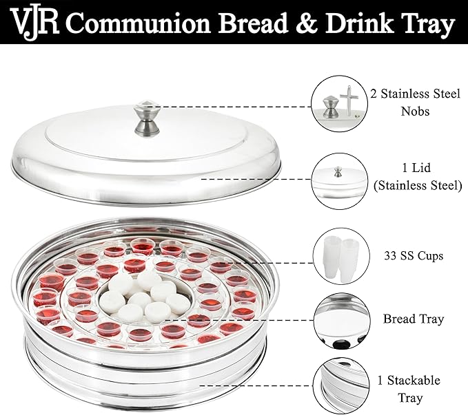 VJR Communion Tray Set with Bread Plate & Cover – Polished Stainless Steel Drink Serving Set – Church Communion Plates and Tray Set
