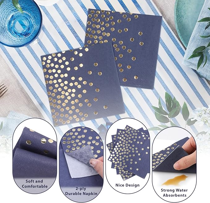 80 Pack of Paper Cocktail Napkins with Gold Foil Polka Dot Confetti，Polka Dot Party Supplies(5 x 5 in，2-ply) (80, blue gold)