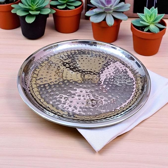 Set of 2 Stainless Steel Hammered Serving Trays – 11.5 Inch Round Platter for Fruit, Snacks, Tea – Mirror Finish, Rust-Proof, Dishwasher Safe – Kitchen & Gifting Tray Set