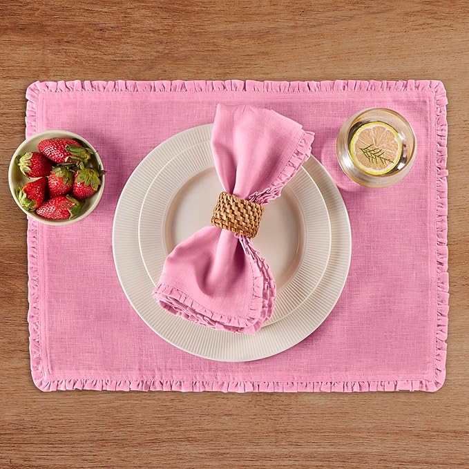 Solino Home Flamingo Pink Linen Placemats 14 x 19 Inch - 100% Pure Linen Juliette Ruffle Placemats Set of 4 - Handcrafted and Machine Washable Table Mats for Christmas