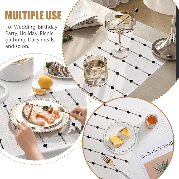 Placemats Set of 8 for Dining Table, Woven Cloth Place Mats for Modern Boho Farmhouse Kitchen Tabletop Decor, Rectangle Washable Polyester-Cotton Table Mats, Black and White Placemats, 13×17.5 inch