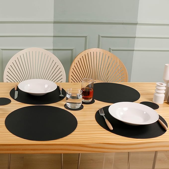 Wipeable Placemats and Coasters Leather Table Mats Waterproof Heat-Resistant Easy to Clean for Dining Table Set Kitchen Table Set of 4, Black