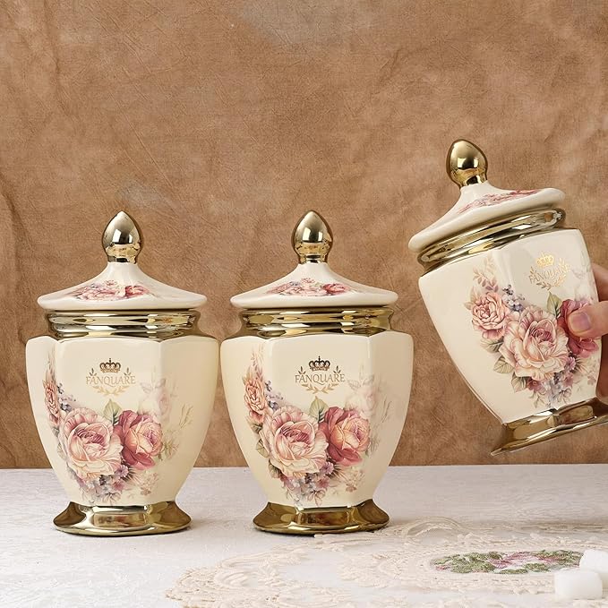 fanquare Vintage Royal Style Decorative Canisters with Gold Trim, Floral Porcelain Sugar Bowl Set of 3 with Airtight Lid for Countertop Party