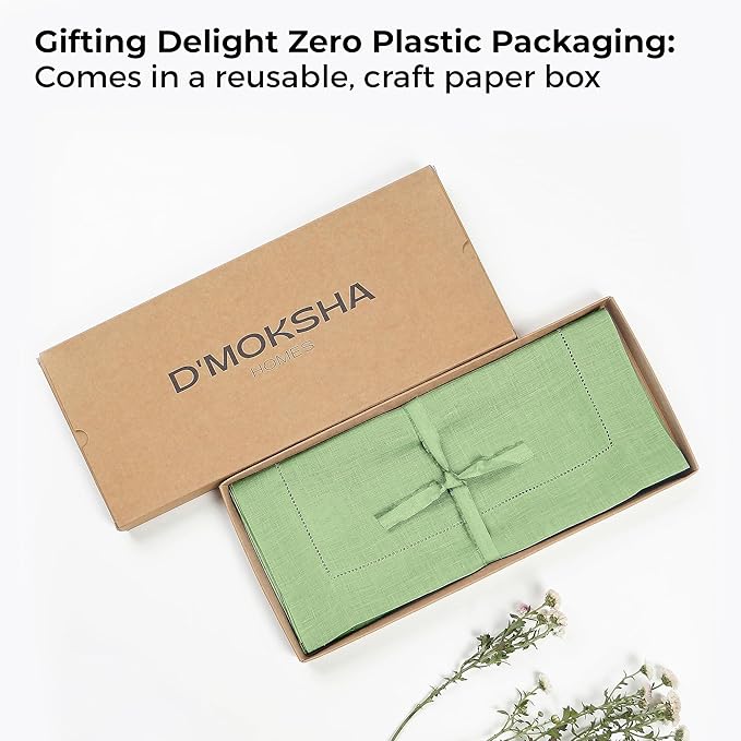 D'Moksha Homes Linen Sage Green Table Runner 60 Inches - Classic Hemstitch, 100% Pure Linen Coffee Table Runner 14 x 60 Inch Ideal for Dresser Tables - Winter, Christmas, Holiday, New Year