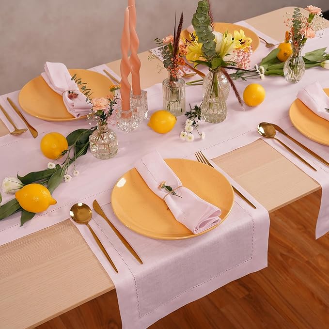 Home Ekaa Pink Table Runner 90 inches Long – 100% Pure Linen Hemstitch 14 x 90 Inch Table Runner for Fall, Wedding, Gifting & New Year– Elara