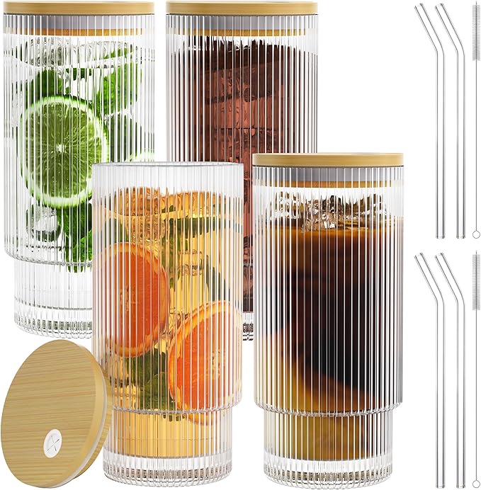 AFINSEA 16OZ Ribbed Glass Cups with Lids and Straws,Iced Coffee Cups with Bamboo Lid,Vintage Glassware for Whiskey Cocktail Beer Fruit Juice Glasses Tumbler(4 Pack)