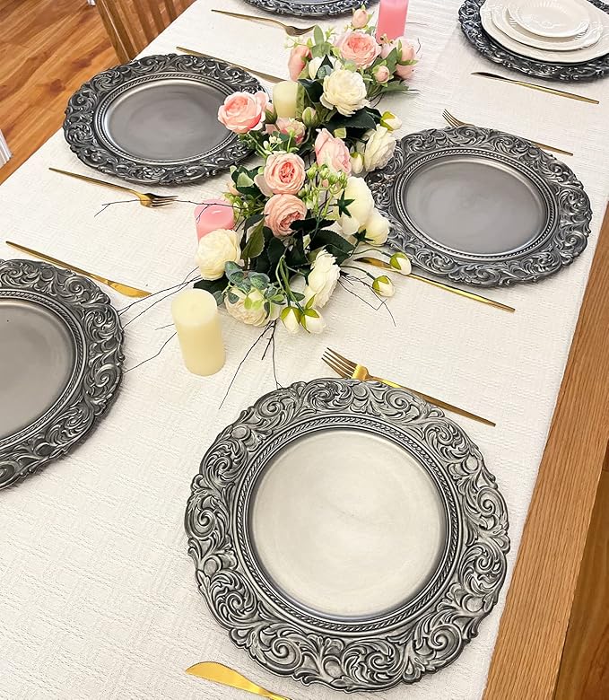 Antique Silver Charger Plates Embossed Rim, 13 Inch Dinner Plate Chargers Round Server Ware. Set of 6 Plastic Charger for Dinner, Wedding, Elegant Tableware Decor
