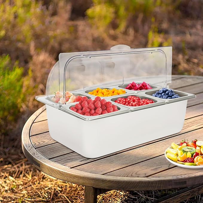 Ice Food Serving Display Tray, 3.59QT Stainless Steel Ice Serving Tray with Clear Roll Top Cover Condiment Dispenser Cooling Food Buffet Dishes