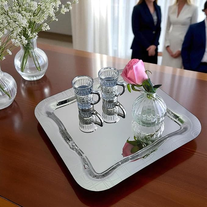 (Pack of 2) 13.4 inch x 13.4 inch Square Chrome Plated Silver Serving Tray Stylish Design Floral Line Bubble Engraved Edge Decorative Birthday Dessert Buffet Platter Plate NC-007