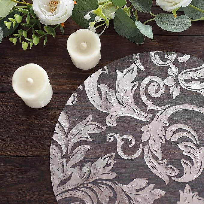 20 Pack 13" Silver Sheer Organza Placemats - Round Floral Foil Design Disposable Elegant Perfect for Parties and Events