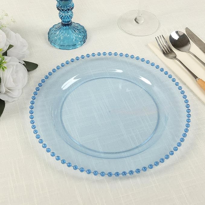 8" Salad Plates - Set of 20 - Plastic Transparent Dusty Blue Round Disposable Dessert Appetizer Plate Beaded Rim, Ideal for Dinner Party Wedding Bulk Events