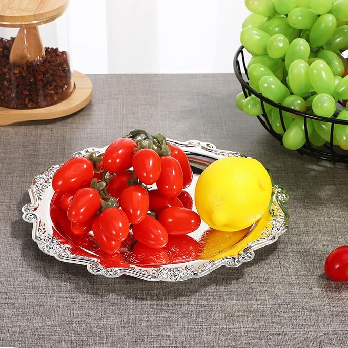 Decorative Iron Serving Tray Silver Round Platter for Food Snacks Jewelry Storage Plate for Home Parties
