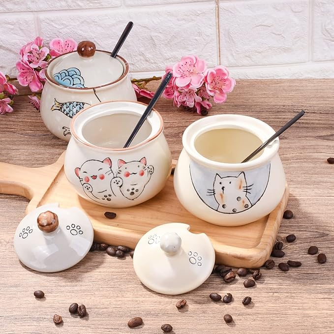 Ceramic Sugar Bowl with Lid and Spoon, Japanese Sugar Bowl with Spoon and Lid (Style 2)