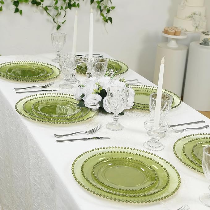 10" Dinner Plates - Set of 30 - Plastic Transparent Dusty Sage Green Round Disposable Plate Beaded Rim, Ideal for Decoration Party Wedding Bulk Events