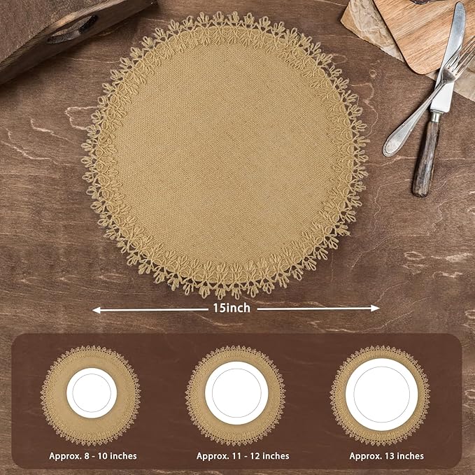 Round Burlap Placemats Set of 12 Jute Rustic Place Mats for Dining Tables Heat Resistant Natural Farmhouse Table Mats Decor (Flower Tassel New)