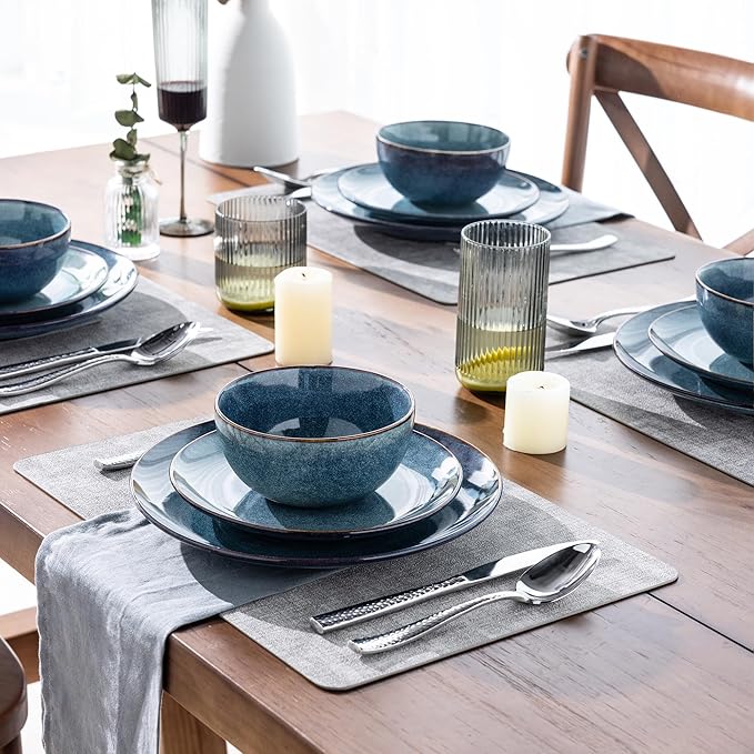 AmorArc Ceramic Dinnerware Sets for 4, 12 Pieces Handpainted Plates and Bowls Set, Scratch Resistant Stoneware Dishes Set, Dishwasher & Microwave Safe, Ceylon Blue