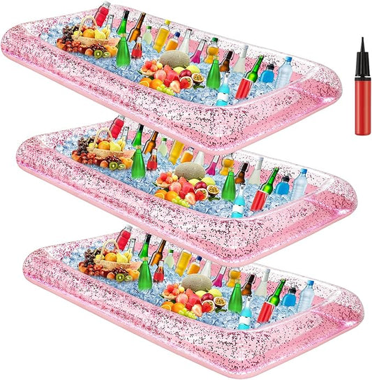 3 Pcs Inflatable Serving Bar Salad Ice Tray Food Drink Candy Buffet Containers Picnic Pool Inflatable Cooler with a Drain Plug and a Hand Pump, 53 x 23.6 x 4.7 Inch(Pink)