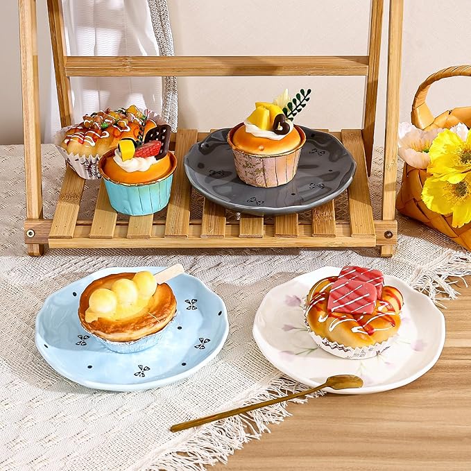 Koythin Ceramic Dessert Plates, Cute Fruits Dinner Plate, Creative Plates Design, Printed Flowers Dinnerware for Office and Home, Kitchen Plates for Desserts (Pink Small Bow)