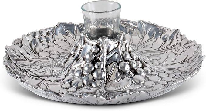 Arthur Court Aluminum Metal Grape Pattern Tidbit Cheese Hors d'oeuvres Tray with Glass for Toothpick - Entertaining Small Platter 10 inch Diameter x 2.25 inch Tall
