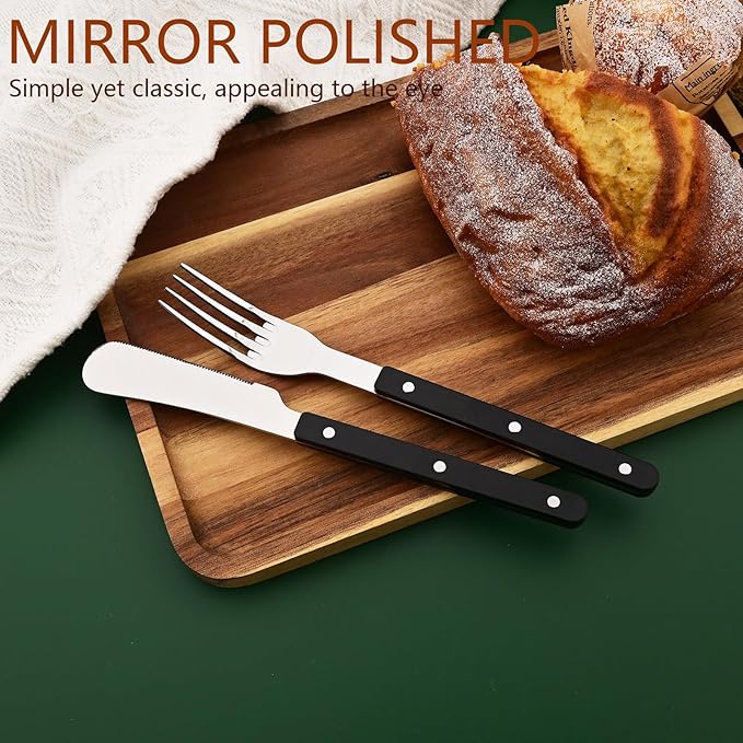 30 PCS Stainless Steel Flatware Set for 6, Silverware Set with Colored Handles, Retro Style Forks Spoons and Knives Set, Vintage Eating Utensils, Black Acrylic Handle with Rivets Design