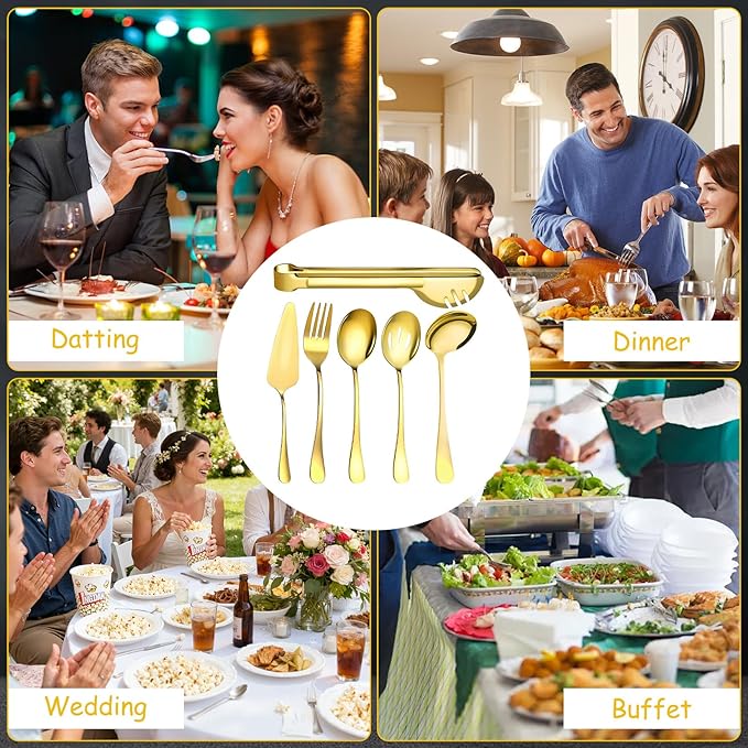 30 Pcs Gold Serving Utensils Set Include Stainless Steel Large Serving Spoons Slotted Spoons Forks Soup Ladle Pie Server - Metal Utensils for Parties Buffet Catering, Dishwasher Safe