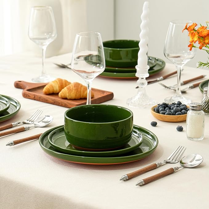 Stoneware Cereal and Soup Bowls Set of 4, 6-Inch Dual Glaze Ceramic Bowls for Breakfast & Oatmeal, Microwave and Dishwasher Safe, Forest Glaze Green