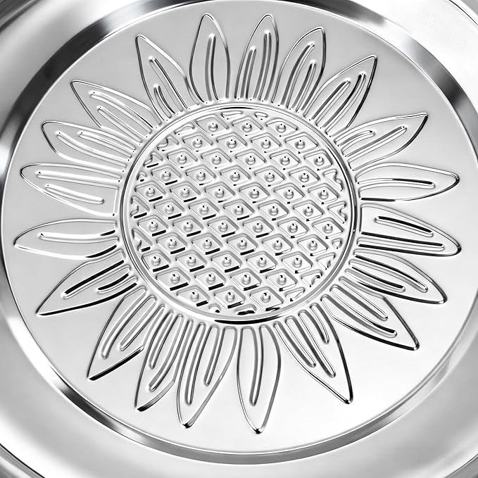 ZEAYEA 8 Pack Stainless Steel Round Tray, 11.8 Inch Metal Bar Serving Tray with Sunflower Pattern, Silver Decorative Display Serving Platter for Coffee Table, Party, Home, Ottoman