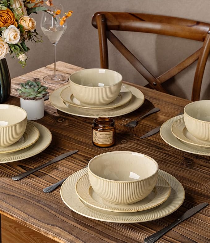 TheTerra Stoneware Dinnerware Sets for 6, 18 Pieces Ceramic Plates and Bowls Sets, Scratch Resistant Embossed Dish Set, Oven, Microwave & Dishwasher Safe, Cappuccino