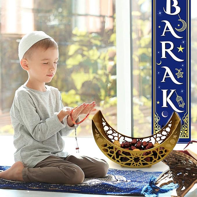 Eid Mubarak Moon Star Tray, Ramadan Decoration Ramadan Trays, Muslim Wooden Plate Tray Moon Star Shaped Food Fruit Serving Tray, Eid Mubarak Dessert Tray for Ramadan Festival Party(Silver A1)
