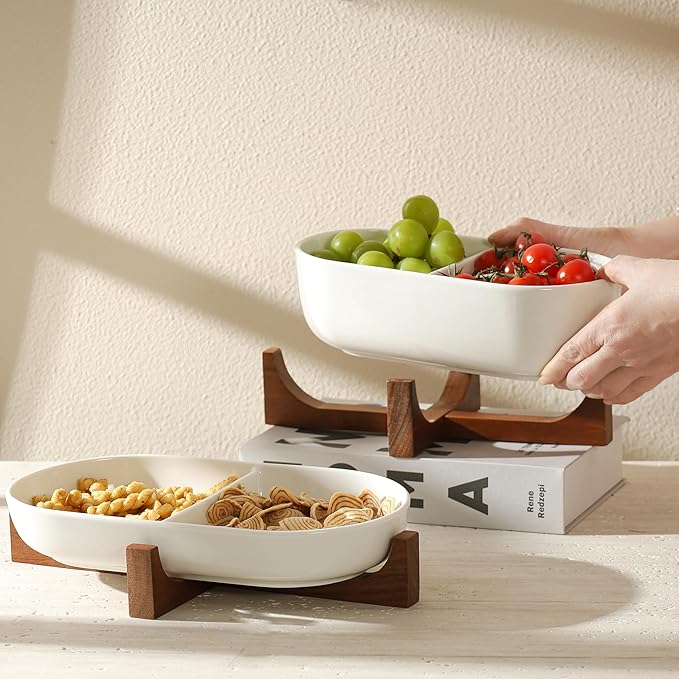 Divided Ceramic Serving Plate with Acacia Wood Base, Appetizers Platter for Home Decor(2-Compartment Plate), 12inch Divided Plate for Snack, Dessert, Fruit, Chip and Dip Serving Set